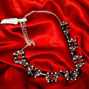 INC NWT White, Silver & Black Rhinestones Form A  Floral Silver Tone Necklace
